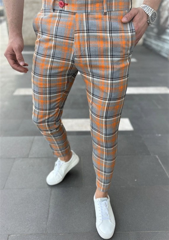Men's Fashion Plaid Pants orange and Grey - Etsy