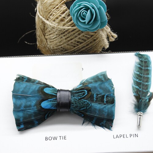 Navy Blue and Green Iridescent Feather Bow Tie and Pin Set - Etsy