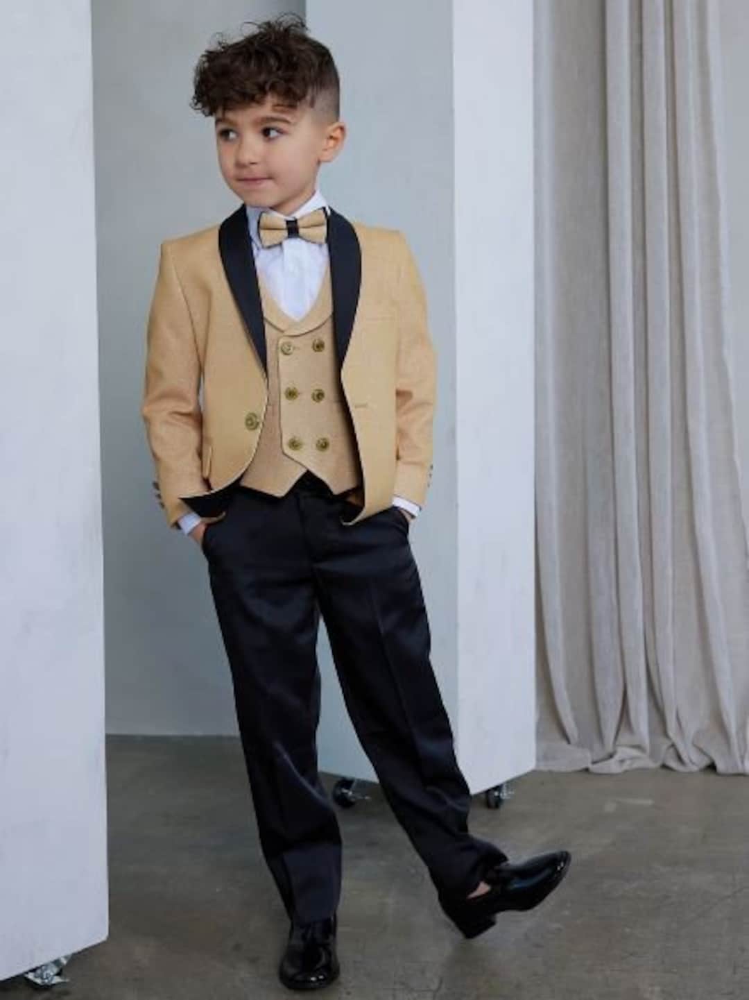 Boy's 5-pieces Slim Fit Gold Fashion Sequin Tuxedo Set Perfect for ...