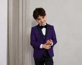 Boy's 5-Pieces Slim Fit Purple Fashion Sequin Tuxedo Set  perfect for Weddings, Parties and more ) [jacket,  vest ,pants, shirt, bowtie]