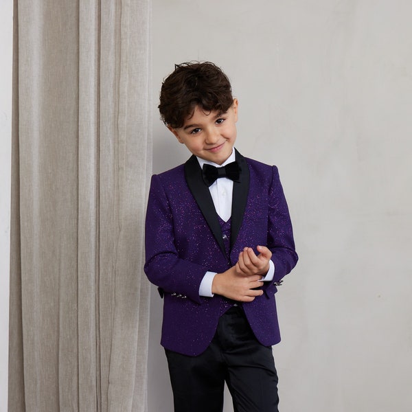 Boy's 5-Pieces Slim Fit Purple Fashion Sequin Tuxedo Set  perfect for Weddings, Parties and more ) [jacket,  vest ,pants, shirt, bowtie]