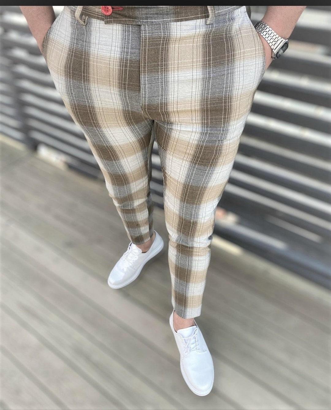 Men's Fashion Plaid Pants (Beige & Copper)