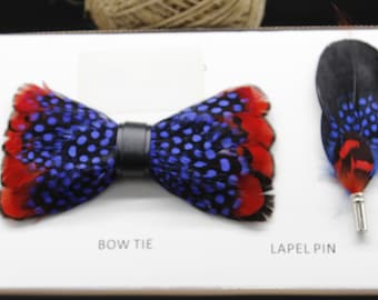 Men's Black, Purple and Red Feather Bow Tie Set