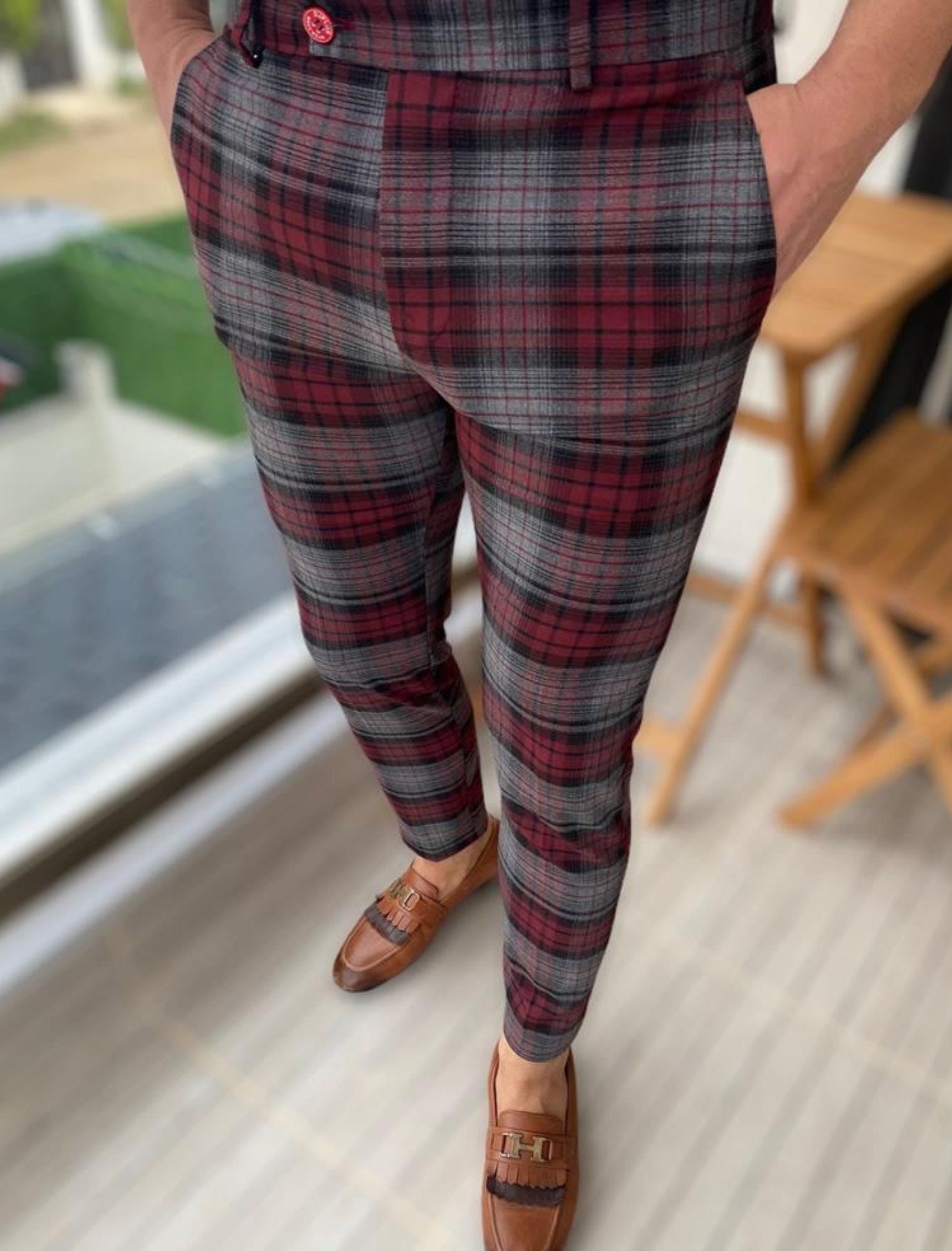 red and grey plaid pants