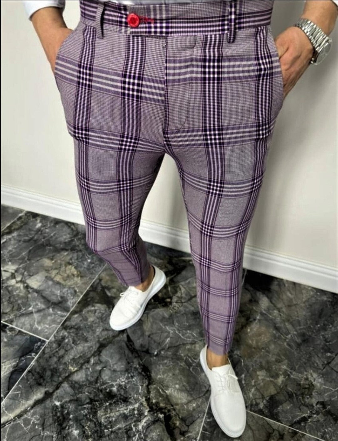 Men's Fashion Plaid Pants Purple 