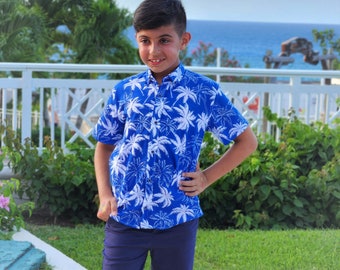Boy's Tropical Linen Dress Shirt and Shorts Set (Blue and White)