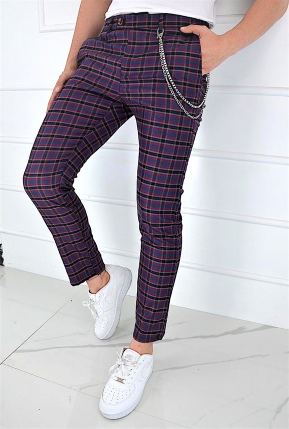 Men s Fashion Plaid Pants Red and Blue