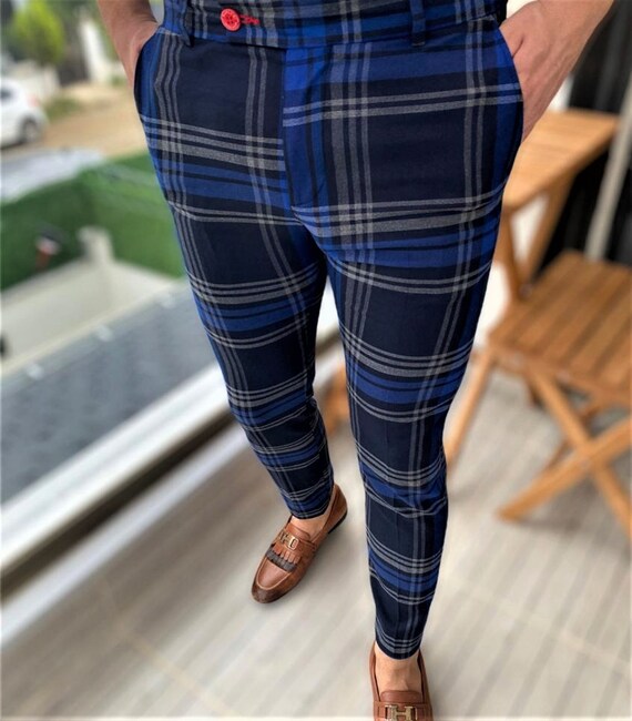 Men's Fashion Plaid Pants navy & Royal Blue 