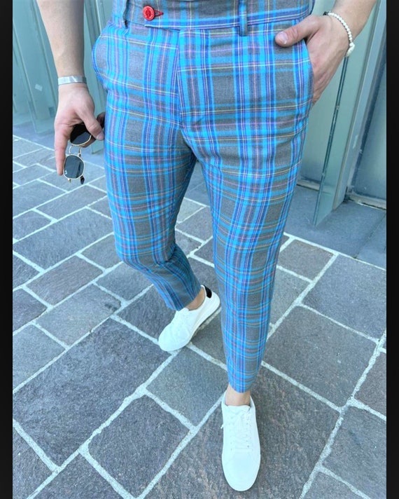Plaid pants shop mens blue