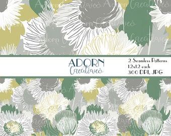 Large Flower Seamless Patterns | Digital Download | Instant Download | White and Green Floral Pattern | Mid-Century Modern | Fabric Printing