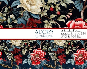 Sömlöst Chinoiserie-mönster, Vintage digitala papper, Sömlös vintage digital bakgrund, Vintage blommönster, Kinesisk tygdesign