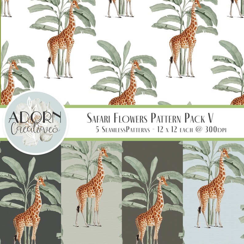 May include: A pattern pack featuring five seamless patterns with a safari theme. The patterns include giraffes with brown and tan spots, green banana leaves, and a variety of background colors. The text "SAFARI FLOWERS PATTERN PACK V" is visible.