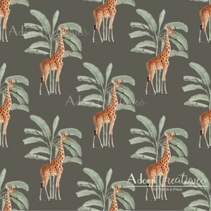 May include: A repeating pattern featuring giraffes and banana plants on a dark gray background. The giraffes have brown and tan spots, and the banana plants are a muted green. The pattern is a seamless design, suitable for various applications.