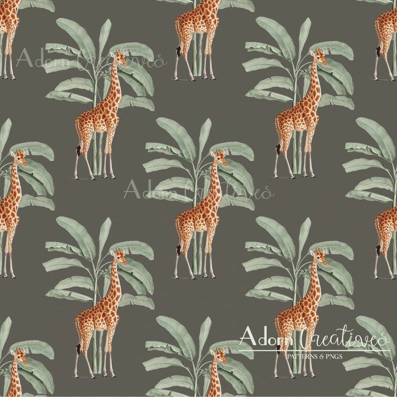 May include: A repeating pattern featuring giraffes and banana plants on a dark gray background. The giraffes have brown and tan spots, and the banana plants are a muted green. The pattern is a seamless design, suitable for various applications.