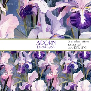 May include: Seamless pattern featuring watercolor irises in shades of purple, lavender, and white against a muted blue background. The image includes the text "ADORN Creatives" and details about the patterns, including dimensions of 12 x 12 inches.