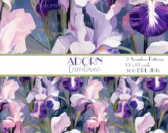 Floral Digital Paper Pattern - Purple Iris Pattern - Decoupage Papers - Junk Journal Supplies - Botanical Background - Purple Seamless