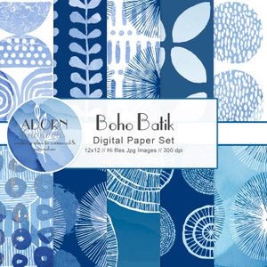 Indigo Blue Watercolor Paper Set - Digital Scrapbook Paper Pack - Tie Dye Blue and White Printable Paper - Crafts Backgrounds - Set of 10