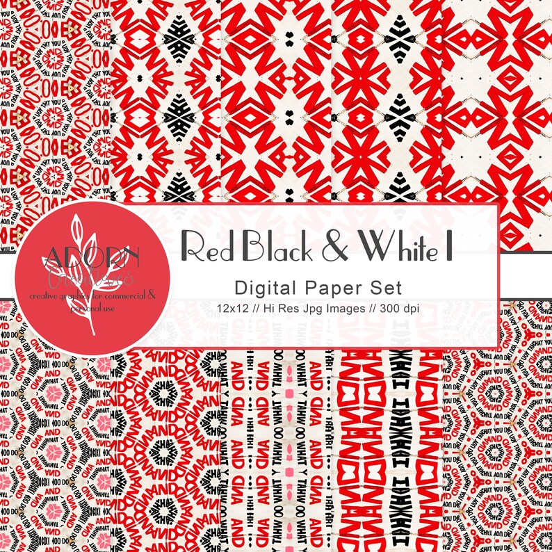 Red Black and White Geometric Paper Set Digital Scrapbook Paper Pack ...