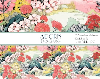 Flower Garden Seamless Patterns, Floral Wallpaper Seamless File, Sage Green Pink Botanical Repeat Pattern, Flower Digital Papers, Commercial
