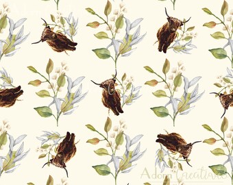 Highland Cow Seamless Pattern, Floral Seamless Repeat Pattern, Commercial Use File, Animal Seamless Pattern, Flower Digital Paper