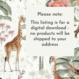 May include: A digital download featuring a giraffe illustration with a tropical floral and foliage background. The image includes text that states this listing is for a digital download and no products will be shipped.