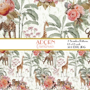 May include: A seamless pattern featuring a jungle scene with giraffes, tigers, and pink flowers. The background is white with a subtle texture. The text "ADORN Creatives" appears in the center of the image.