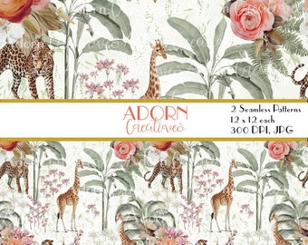 Seamless Floral Repeat Pattern File - Safari Print Digital Paper - Sage Green Palm Trees - Premium Jungle Surface Design - JPEG - 12 x 12