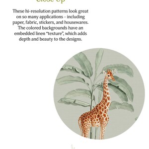 May include: A circular design featuring a giraffe and tropical plants in shades of green and brown. The text "Close Up" is at the top, with additional text describing the design's applications, including paper, fabric, and stickers.