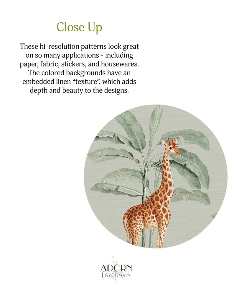 May include: A circular design featuring a giraffe and tropical plants in shades of green and brown. The text "Close Up" is at the top, with additional text describing the design's applications, including paper, fabric, and stickers.