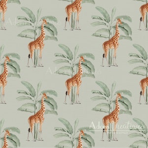 May include: A repeating pattern featuring giraffes and banana trees on a light green background. The giraffes have brown and tan spots, and the banana trees have large green leaves. The overall design has a vintage, safari theme.