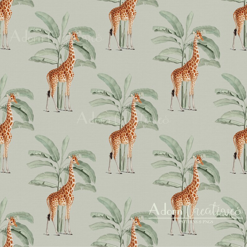 May include: A repeating pattern featuring giraffes and banana trees on a light green background. The giraffes have brown and tan spots, and the banana trees have large green leaves. The overall design has a vintage, safari theme.