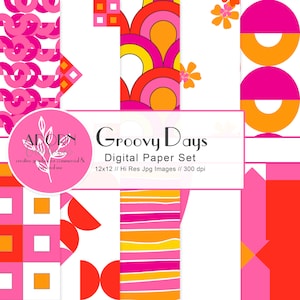 Groovy Digital Paper - Retro Printable Scrapbook Paper -  Vintage Patterns - Trendy Designs - Commercial Use - 12 x 12 Set of 10 Papers