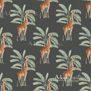 May include: Seamless pattern featuring giraffes with brown spots and green banana leaves on a dark gray background. The giraffes are standing upright, and the leaves are large and detailed. The overall design has a tropical theme.