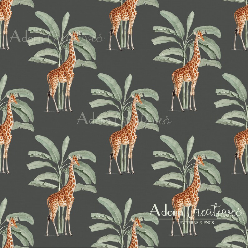 May include: Seamless pattern featuring giraffes with brown spots and green banana leaves on a dark gray background. The giraffes are standing upright, and the leaves are large and detailed. The overall design has a tropical theme.