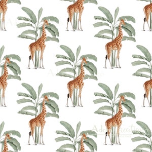 May include: A repeating pattern featuring giraffes and banana trees on a white background. The giraffes have brown and tan spots, and the banana trees have large green leaves. The design is a watercolor style illustration.