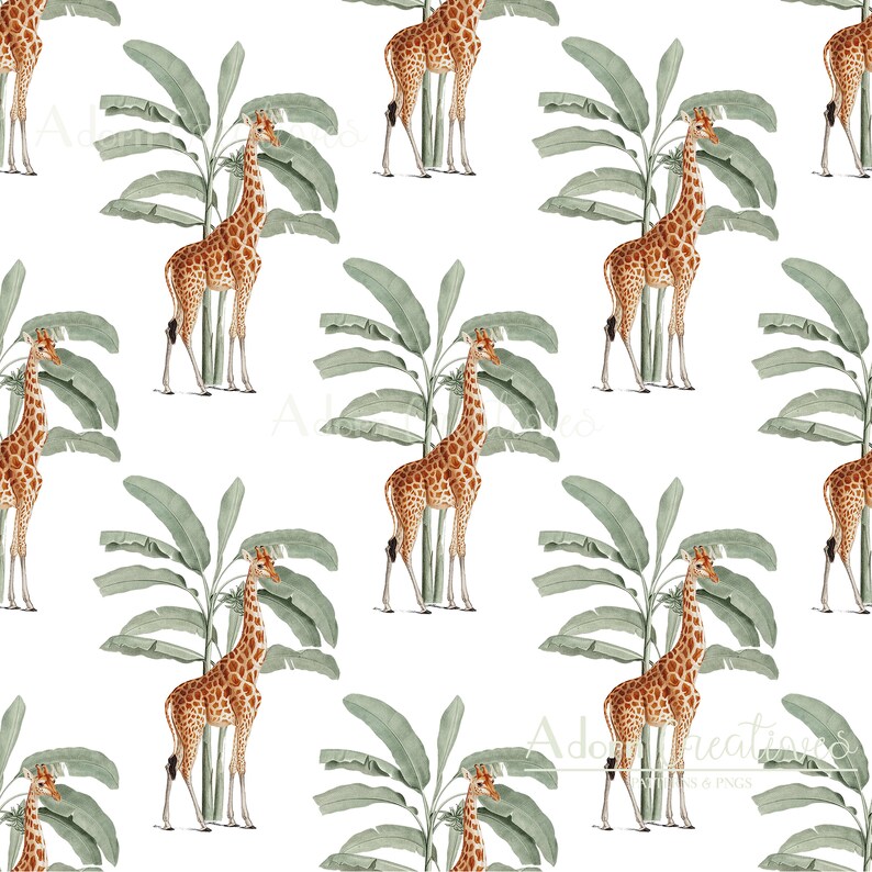 May include: A repeating pattern featuring giraffes and banana trees on a white background. The giraffes have brown and tan spots, and the banana trees have large green leaves. The design is a watercolor style illustration.
