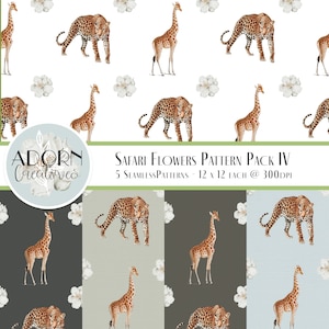 Safari Digital Paper, Jungle Animal Seamless Pattern Pack, Wild Animal Print, Giraffe Digital Paper, Leopard Seamless Repeat, Set of 5
