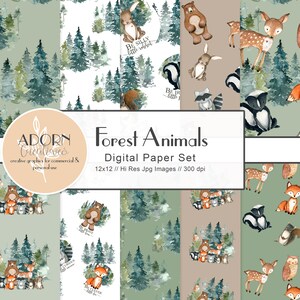 Woodland Animals Digital Paper Set - Seamless Scrapbook Paper Pack - Printable Paper  Handdrawn Elements - Kids Crafts Backgrounds Set of 10