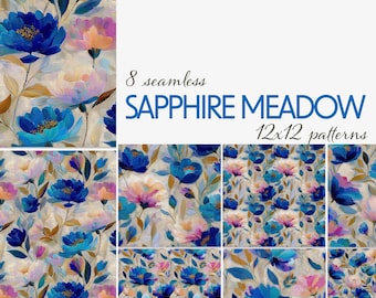 Sapphire Meadow Seamless Pattern Pack – Bold Painterly Florals for Fabric Crafts, Wallpapers, Journals, Sublimation, and More – 12x12 JPG
