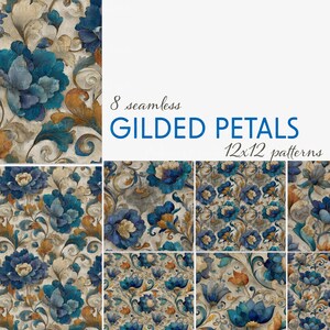Vergoldete Blütenblätter Set von nahtlosen Blumenmustern – verzierte Vintage Blumen in Blau und Gold – digitales Papier für Stoffe, Scrapbook, Tapeten, Textilien