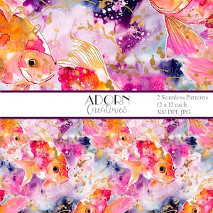 Puede incluir: Dos patrones digitales sin costuras que presentan peces de colores acuarela con detalles dorados sobre un fondo rosa, morado y azul. Los patrones miden 12 pulgadas por 12 pulgadas y 300 DPI.