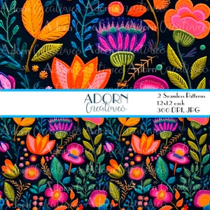 May include: Two seamless digital patterns featuring bright, colorful embroidered flowers on a dark blue background. The patterns are 12 inches by 12 inches and 300 DPI.