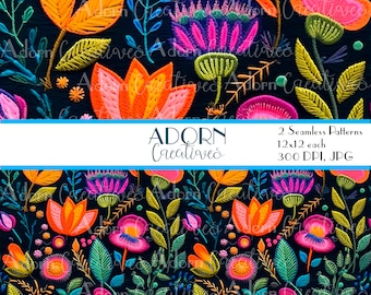 Embroidery Seamless File |  Mexican Floral Embroidery Seamless | Cottage Core Boho Repeat Design | Boho Seamless Embroidered Flowers Pattern