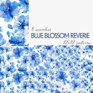Zestaw bezszwowych wzorów Blue Blossom Reverie, akwarelowe tła kwiatowe w kolorze indygo do tkanin, scrapbookingu, sublimacji, dzienników śmieciowych i nie tylko