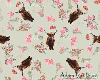 Highland Cow Seamless Pattern, Watercolor Floral Seamless Repeat Pattern for Commercial Use, Animal Seamless Pattern, Flower Digital Paper