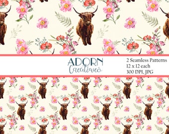 Seamless Cow Pattern Highland Cow, Watercolor Floral Repeat Pattern for Commercial Use, Animal Seamless Pattern, Flower Digital Paper