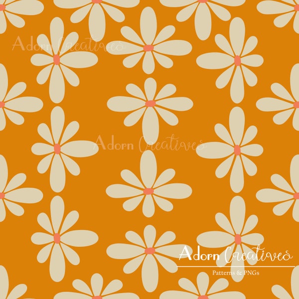 Retro Print Repeat Pattern  - Boho Chic Groovy Flower Digital Paper - Orange Hippie 60s Fabric Design - Mod 70s Seamless Pattern - 12 x 12