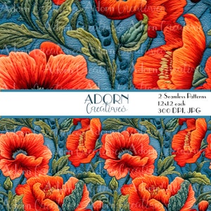 Fichier sans couture de broderie | Modèle sans couture de broderie florale | Coquelicots rouges à grandes fleurs | Papier numérique 12 x 12 | 2 motifs répétés