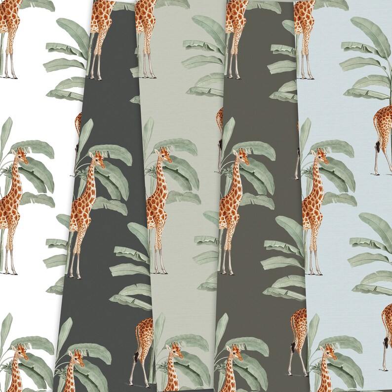 May include: A collection of wallpaper samples featuring a repeating pattern of giraffes and banana leaves. The giraffes have brown and tan spots, and the leaves are green. The background colors vary from white to gray and blue.