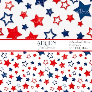 Naadloze rood-witte en blauwe sterpatroon, aquarel Americana naadloos patroon, patriottisch sterontwerp, naadloos patroon 4 juli